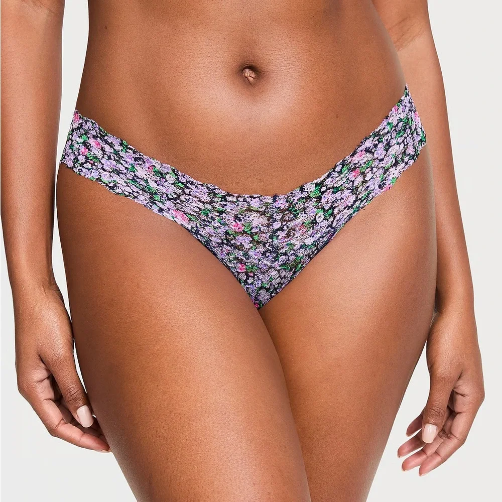 Victoria’s Secret The Lacie Ensign Navy Ditsy Floral Lace Thong Blue Purple Pink